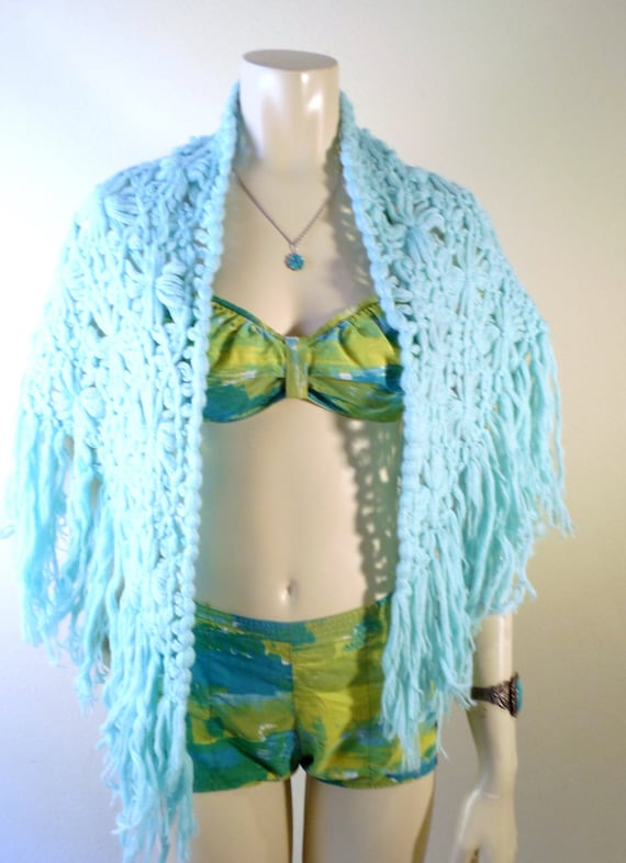 Vintage Poncho, Wrap, vintage Shawl,  Fringed - image 1