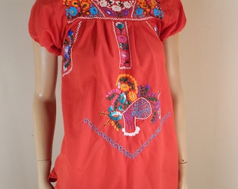 Mexican red blouse embroidered, puebla style,