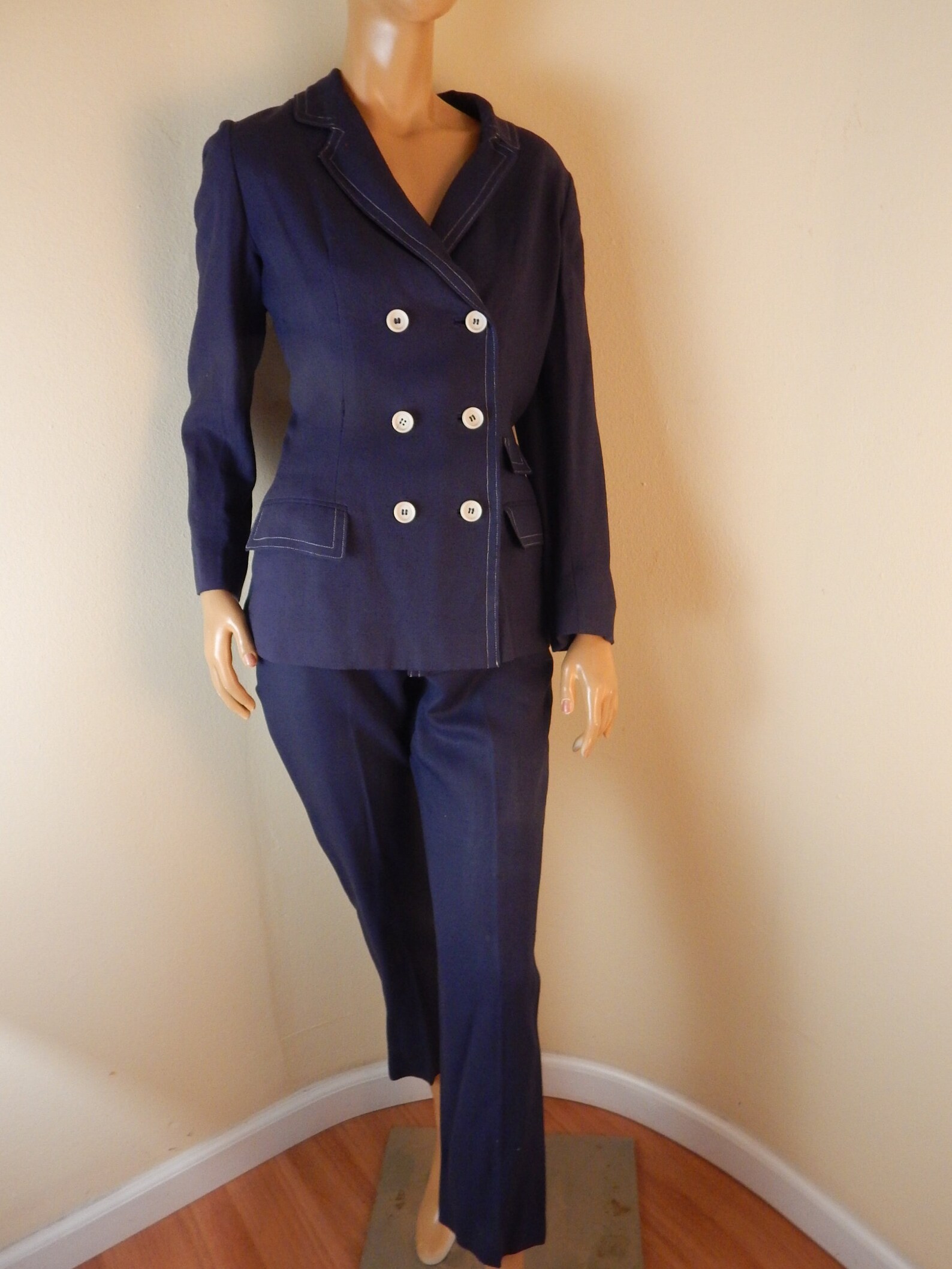 Womens linen pantsuit lined navy blue suit small Jack Fin Etsy Italia