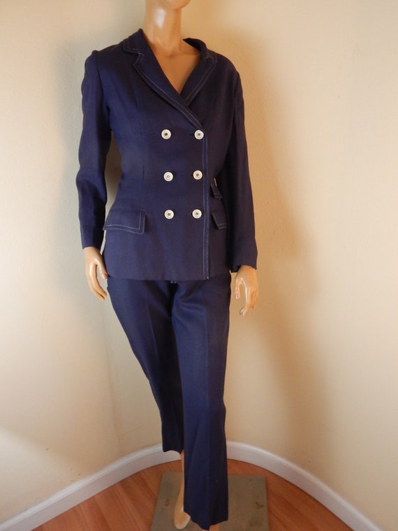 womens linen pantsuit, lined, navy blue suit, sma… - image 1