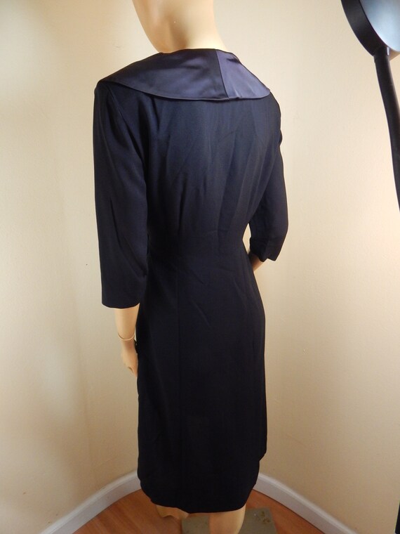 vintage 50s rayon crepe and satin black dress, - image 8