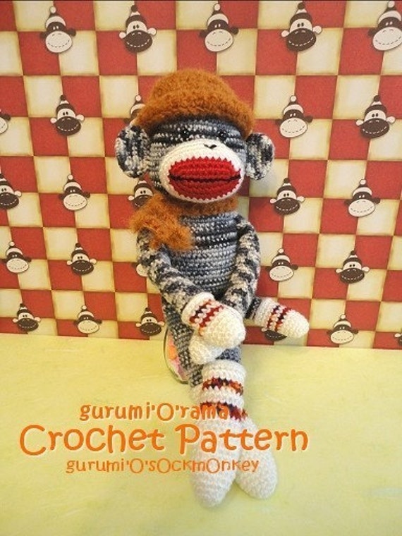 Crochet Sock Monkey Pattern, Amigurumi Stuffed Monkey Plush Toy