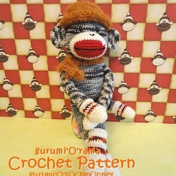 crochet sock monkey pattern, amigurumi stuffed monkey plush toy tutorial, instant download