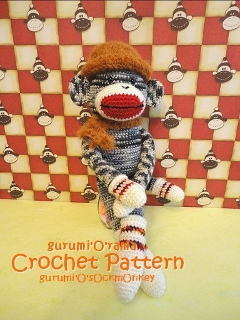 crochet sock monkey pattern, amigurumi stuffed monkey plush toy tutorial, instant download image 1