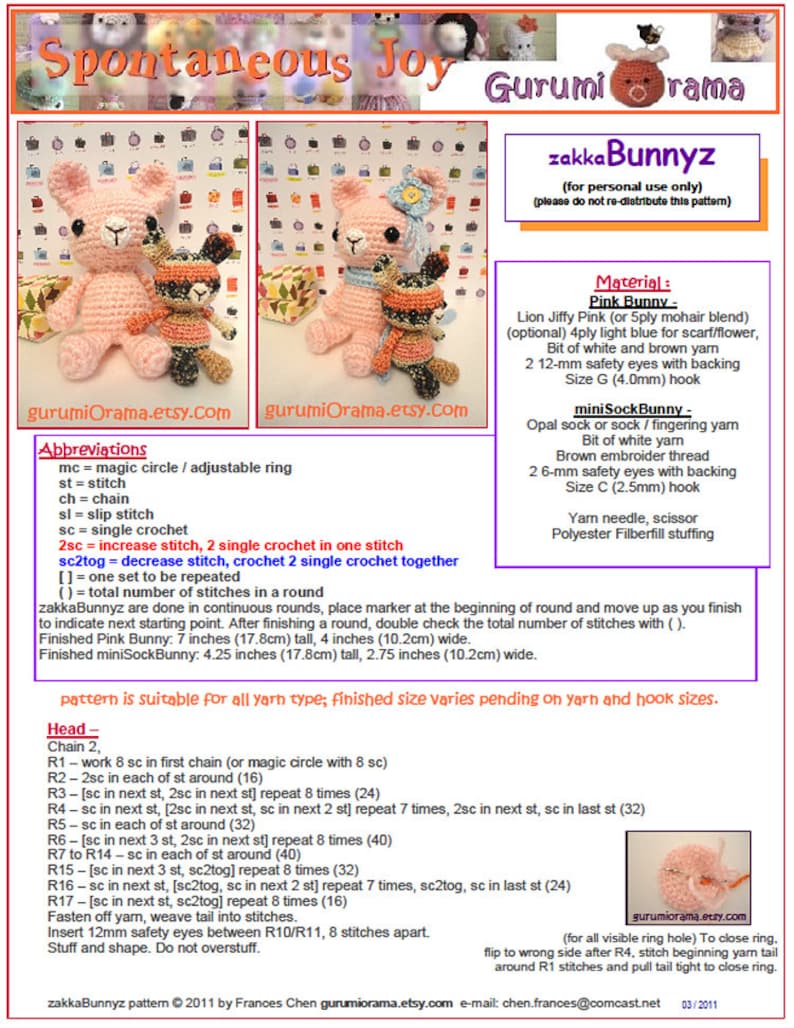 amigurumi bunny crochet pattern, stuffed plush kawaii zakka bunny rabbits free diy pattern, please see description for detail image 2