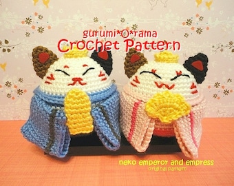 amigurumi Neko cat crochet pattern, Emperor Empress stuffed toy crochet tutorial, instant download