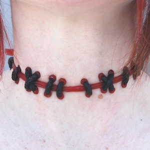 Bride of Frankenstein  Medium Black  Stitches on  Bright Red Choker