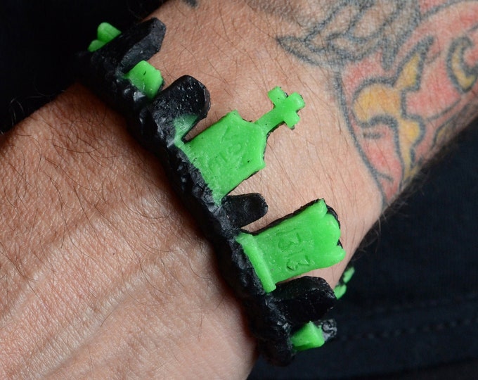 Gothic Jewelry - Cemetery Tombstone Bracelet  Bright Green on Black