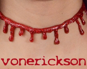 Blood  Drip Red and Silver  Glam Glitter Necklace - Vampire choker  necklace - Bright  Red Blood