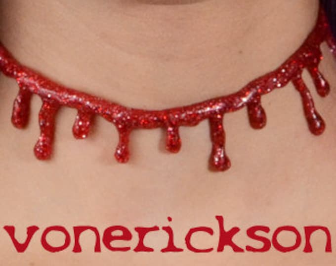 Blood  Drip Red and Silver  Glam Glitter Necklace - Vampire choker  necklace - Bright  Red Blood