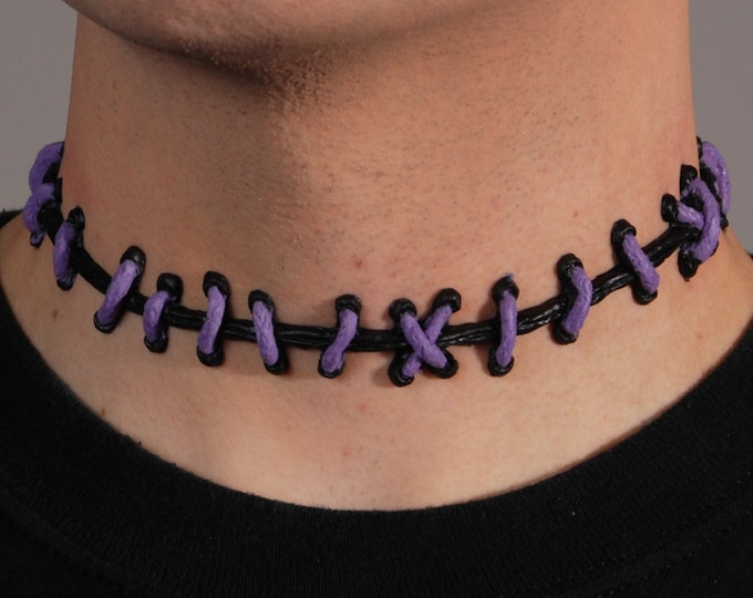 Zombie stitches -purple and black stitch necklace