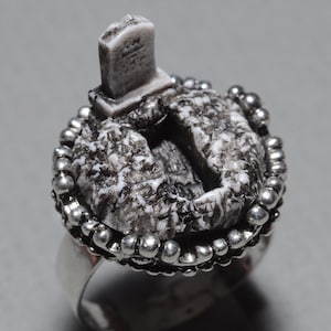 Halloween  Cameo Ring - Cemetery Plot with Tombstone and Open Grave- zombie Frankenstein