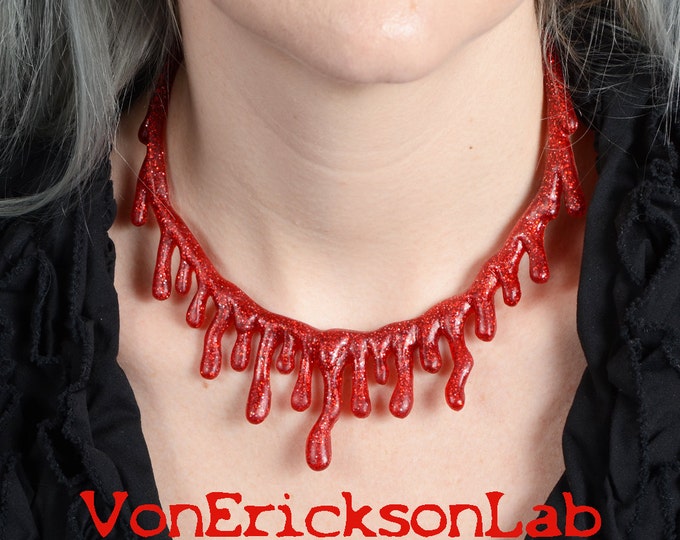 Glitter Bright Red Dripping  Blood  Drip  Necklace  - Low hanging  Extra Drippy