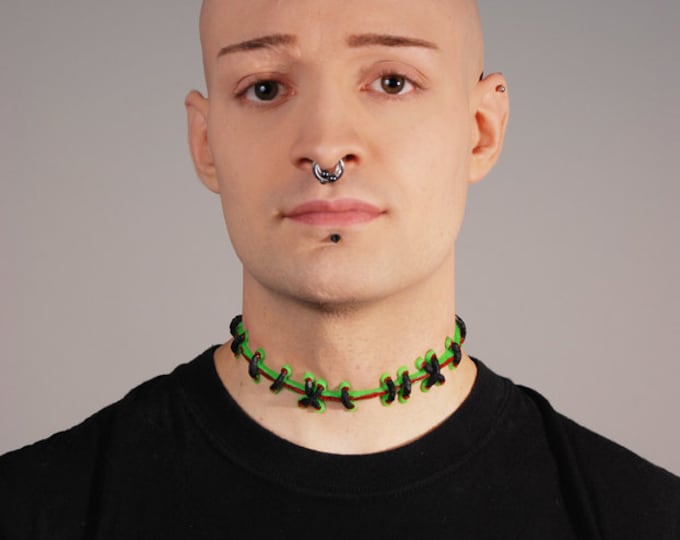 VonErickson's  Bright Green and Blood Monster stitches Choker -WIDE STITCH