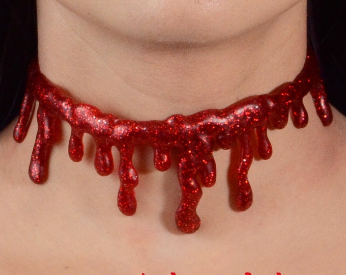 Halloween Necklace- Creepy Cute- Red/Silver Glitter Blood choker Necklace Extra Drippy-Dark