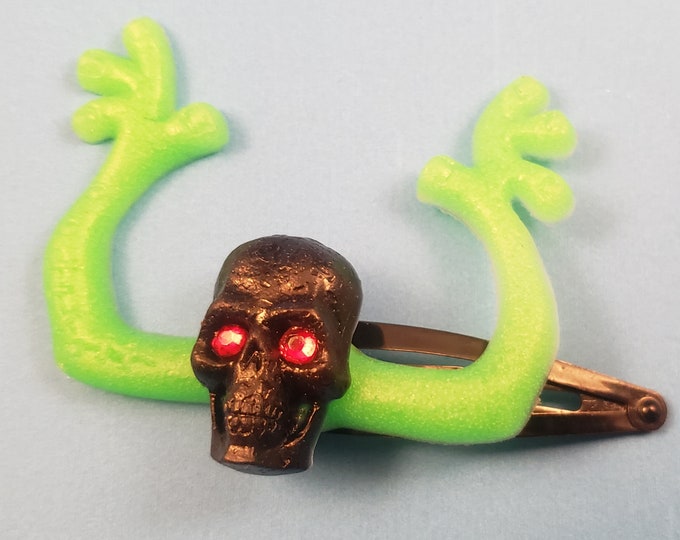 Creepy Crawlers Hair Barrette  Black skull with Sparkle eyes and Creepy Hands