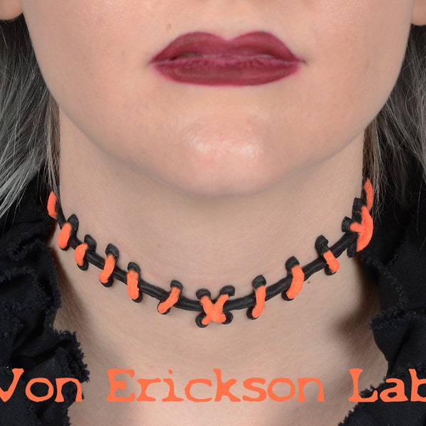 Halloween Zombie Pumpkin Orange stitch necklace Jewelry -  Choker- with small Orange Stitches