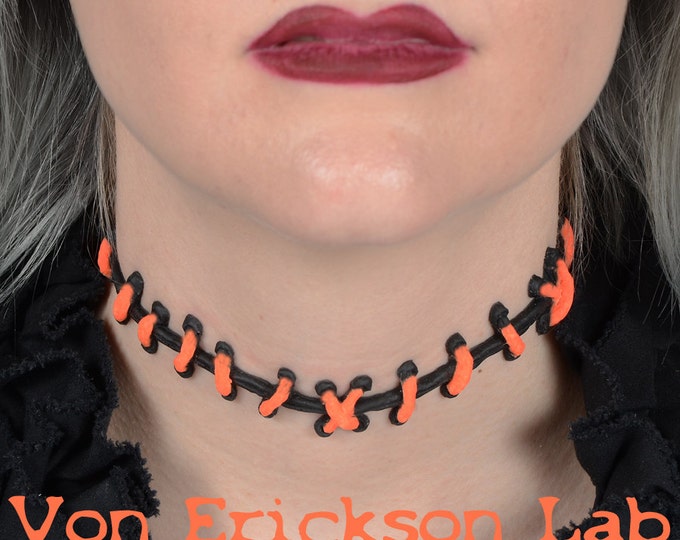 Halloween Zombie Pumpkin Orange stitch necklace Jewelry -  Choker- with small Orange Stitches