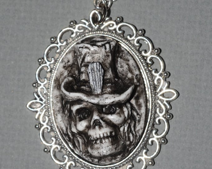 Halloween Jewelry - Gothic Necklace- Zombie Necklace - Creepy Skull Ghoul with Casket Motif Top hat Cameo