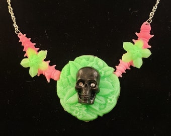 Creepy Crawlers Necklace  Skull with Bugs and Flowers