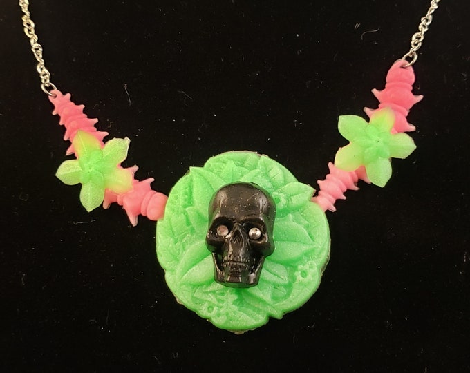 Creepy Crawlers Necklace  Skull with Bugs and Flowers