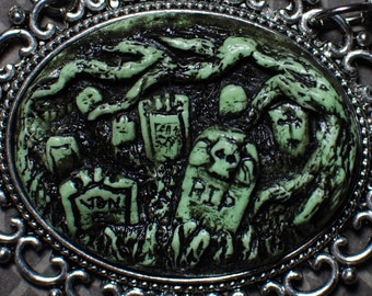 Gothic Cameo Necklace  - Creepy Old  Victorian Cemetery Cameo Necklace with Tombstones - Deadly Nightshade Green