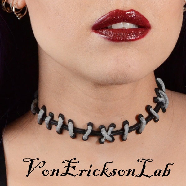 Stitches choker Necklace- Silver and Black  with THIN stitch Choker