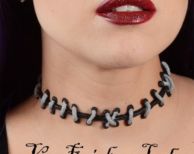 Stitches choker Necklace- Silver and Black  with THIN stitch Choker