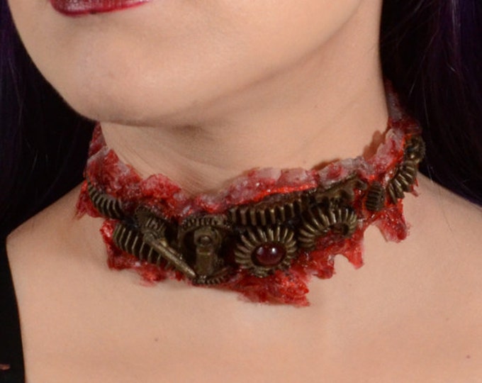 Steampunk Halloween Costume  -  Zombie Gear Choker - Antique Brass  Tone - Slit throat Cyberpunk