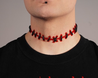 5 Piece Set Frankenstein Stitch Choker  Necklace ,Rings and Bracelets  Combination  - Halloween Zombie- 5 PC - Bright Red /Black