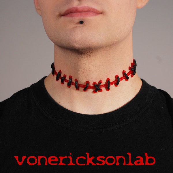 5 Piece Set Frankenstein Stitch Choker  Necklace ,Rings and Bracelets  Combination  - Halloween Zombie- 5 PC - Bright Red /Black