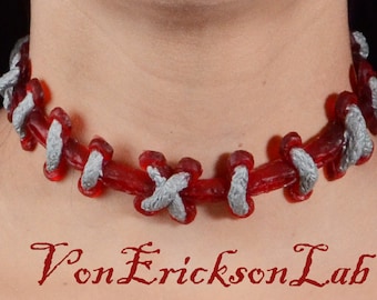 Stitch  Choker necklace - Silver on Bright red with Extreme  stitches Gothic costume Jewelry