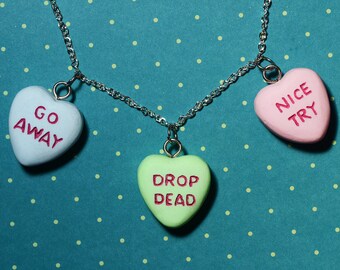 Gothic Lolita  Anti Valentine - Creepy Candy Heart Necklace  - Triple Heart Combo