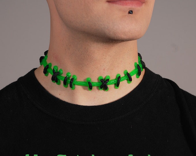 Frankenstein Stitches  - Bright Green Choker Necklace with Medium black stitches