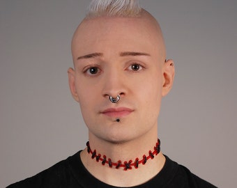 Frankenstein Zombie Brite Red Blood  with Black  Stitches Choker -thin stitch