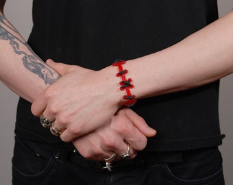 Stitches  Bracelet  Jewelry  - Frankenstein  Set of 2 bright  red/black Thin Stitches
