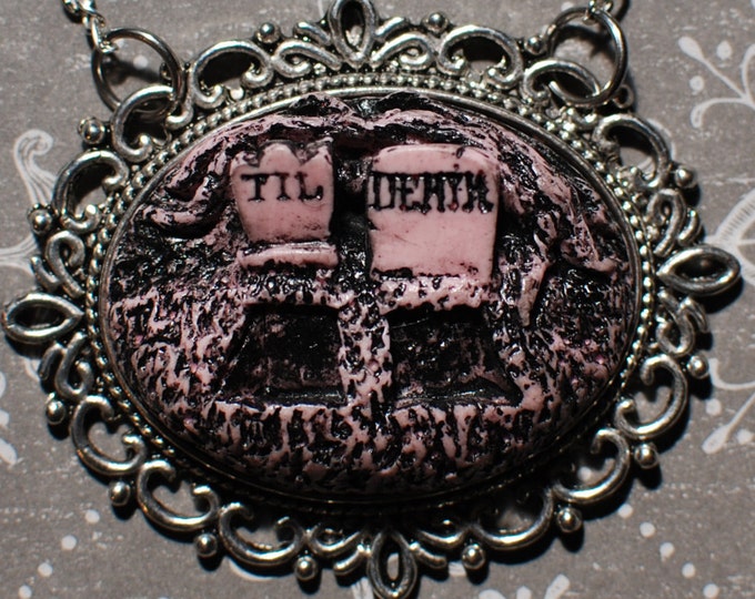 Psychobilly Rockabilly Pendant Necklace - Creepy Cute Gothic Cameo Resin Necklace  -  Till Death Double Grave- Putrid Pink