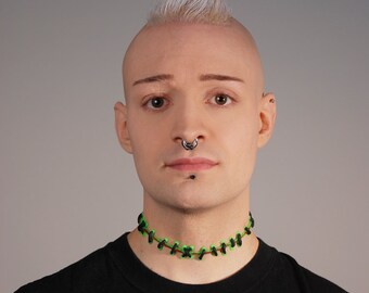 Gothic Zombie Frankenstein Stitch Necklace - Brite Green with Hand painted Blood with medium stitches