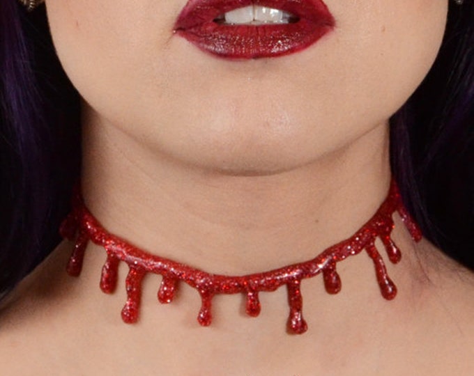 Bloody  Drip Red and Silver  Glam Glitter Necklace - Vampire choker  necklace - Bright  Red Blood