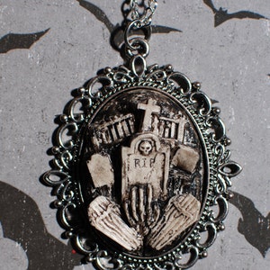 Halloween Jewelry Creepy Cute Gothic Necklace Victorian Cemetery Necklace with Tombstones Caskets and Skeleton Hand Zombie Ivory image 1
