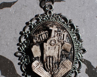 Halloween  Jewelry - Creepy Cute Gothic Necklace  - Victorian Cemetery Necklace with Tombstones Caskets and Skeleton Hand- Zombie - Ivory