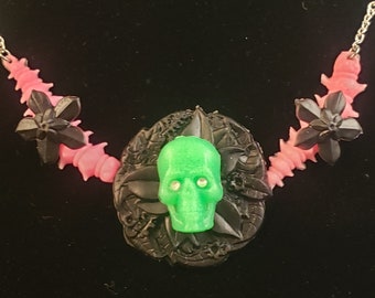 Creepy Crawlers Necklace  Green Skull with Bugs and Flowers