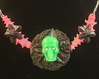Creepy Crawlers Necklace  Green Skull with Bugs and Flowers