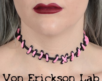 Cute creepy - Frankenstein Monster Glam Stitches Choker-Bubble Gum  Pink and Black Thin  stitches