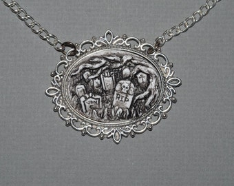 Gothic Cameo Necklace  - Creepy Old  Victorian Cemetery Necklace with Tombstones - Zombie  Vampire