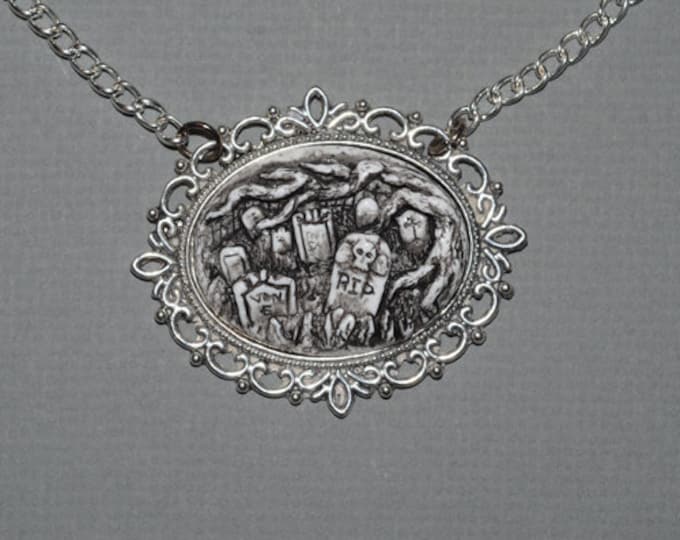 Gothic Cameo Necklace  - Creepy Old  Victorian Cemetery Necklace with Tombstones - Zombie  Vampire