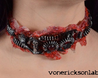 Halloween Jewelry  - Gothic Zombie Gear Choker - Antiqued Steel Tone - Slit throat Horror Cyberpunk Jewelry