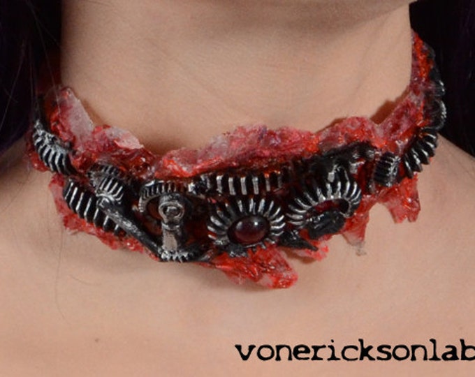 Steampunk Jewelry Post Apocalyptic Zombie Gear Choker - Antiqued Steel Tone - Slit throat Cyberpunk Jewelry slashed throat