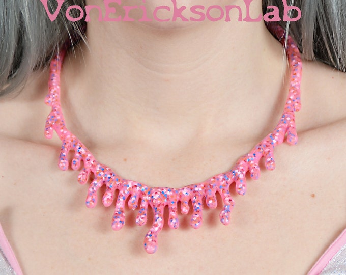 Pink ice cream with sprinkles drippy necklace - Low Hanging -Creepy Cute