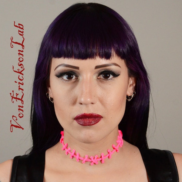 Creepy Cute HOT Pink Stitch Necklace - Frankenstein Monster  Zombie Stitches  ALL PINK